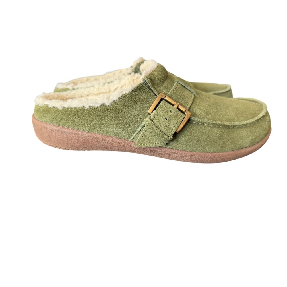 Revitalign Green Suede Faux Fur Lined Buckle Mule Slippers Orthotic Support Sz 9